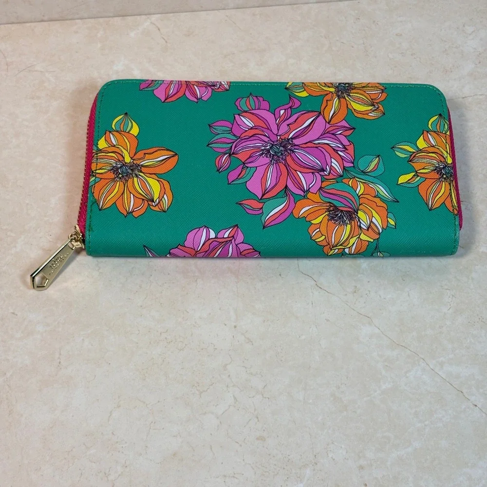 Trina Turk Teal‎ Green Floral Print Zip Around Continental Wallet PVC Colorful